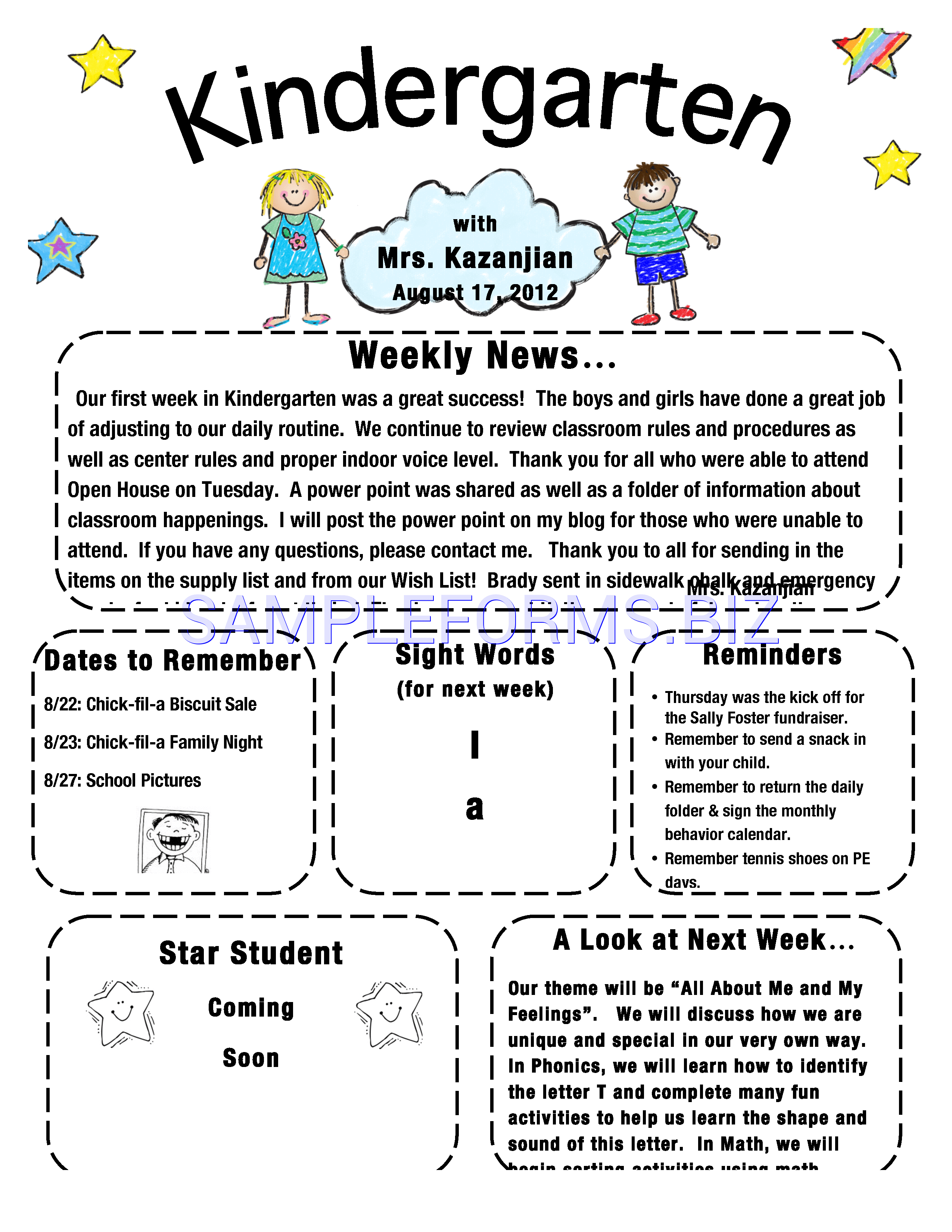 Preview free downloadable Kindergarten Newsletter Template 1 in PDF (page 1)